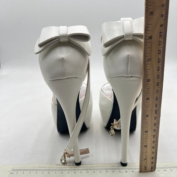 FSJ White Peep Toe Bridal Shoes Ankle Strap Bow Platform Heeled Sandals - Picture 5 of 8